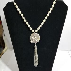 Monogram letter A silver tone with faux pearls and chain tas